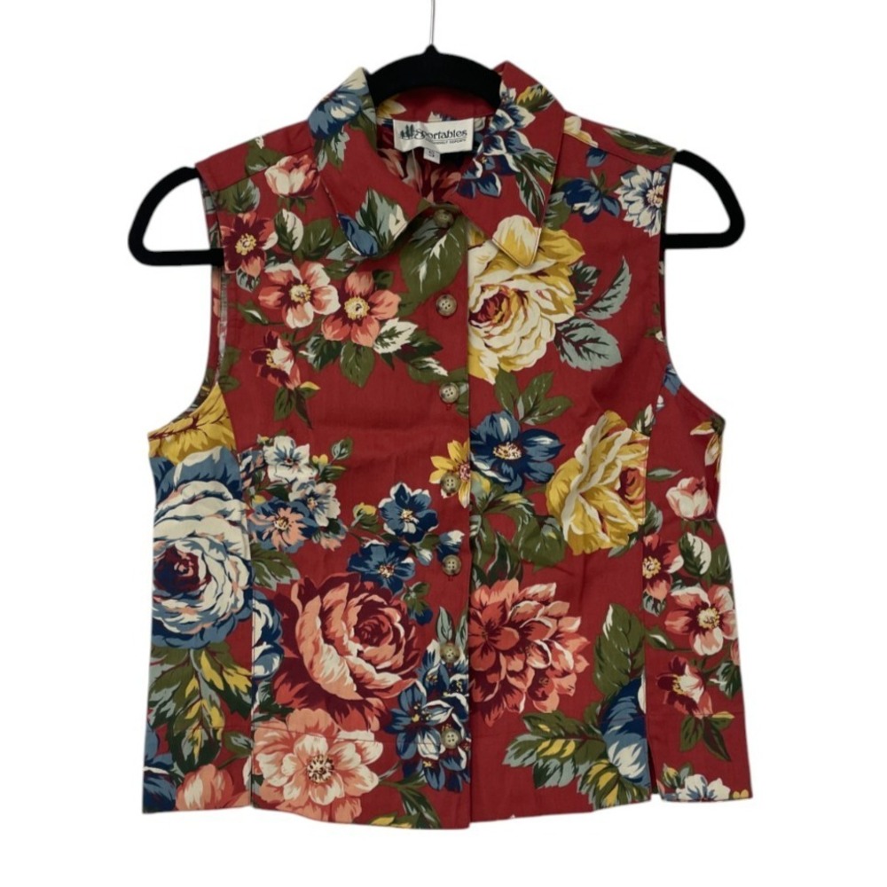 Sportables Button Up Sleeveless Blouse Red Womens Size S Floral Collared‎ Cotton